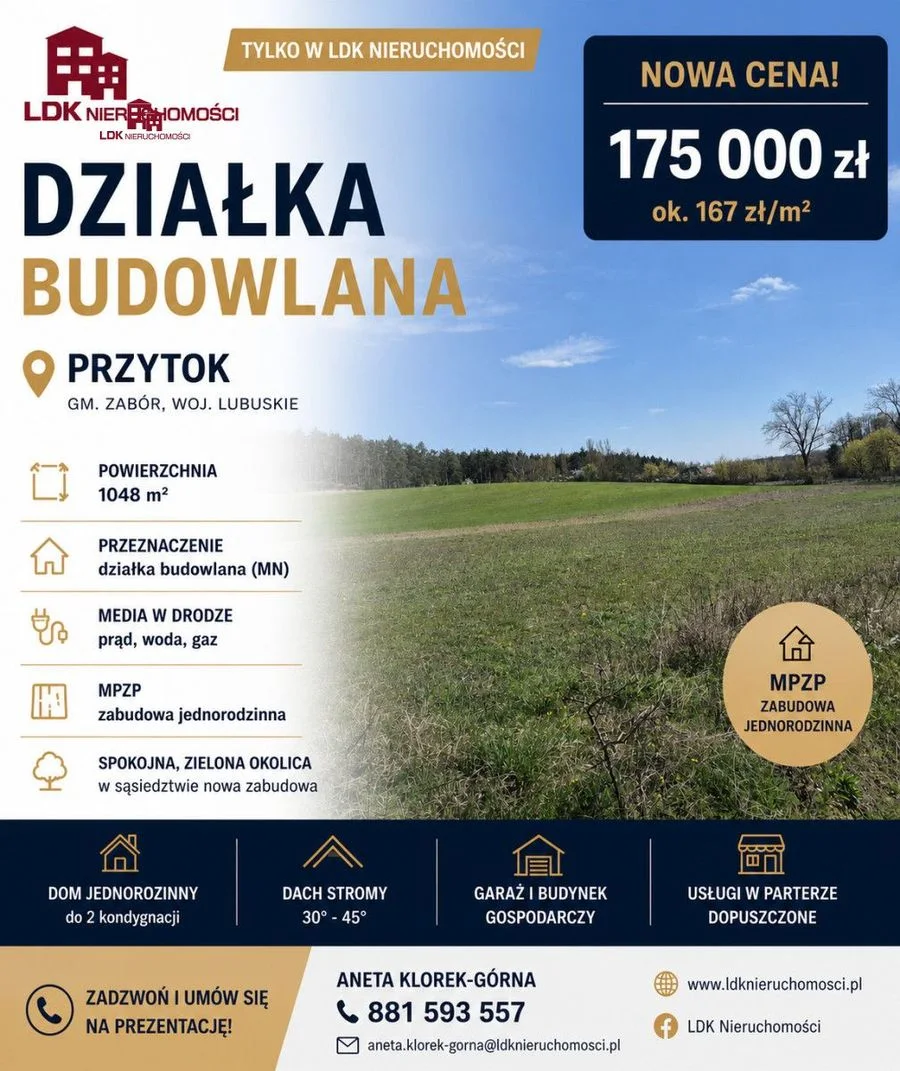 Działka budowlana 1048 m² | Przytok | MPZP