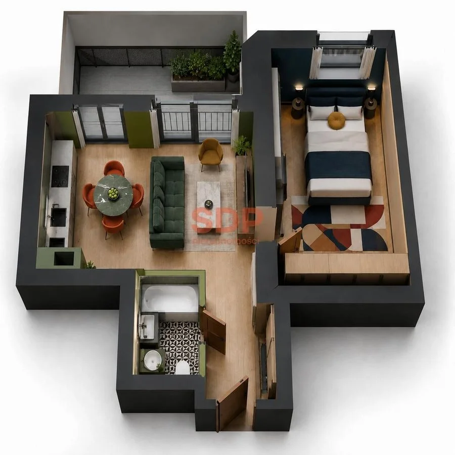 Dwupokojowy apartament o wysokoch stropach z dużą sypialnią i tarasem 14 mkw